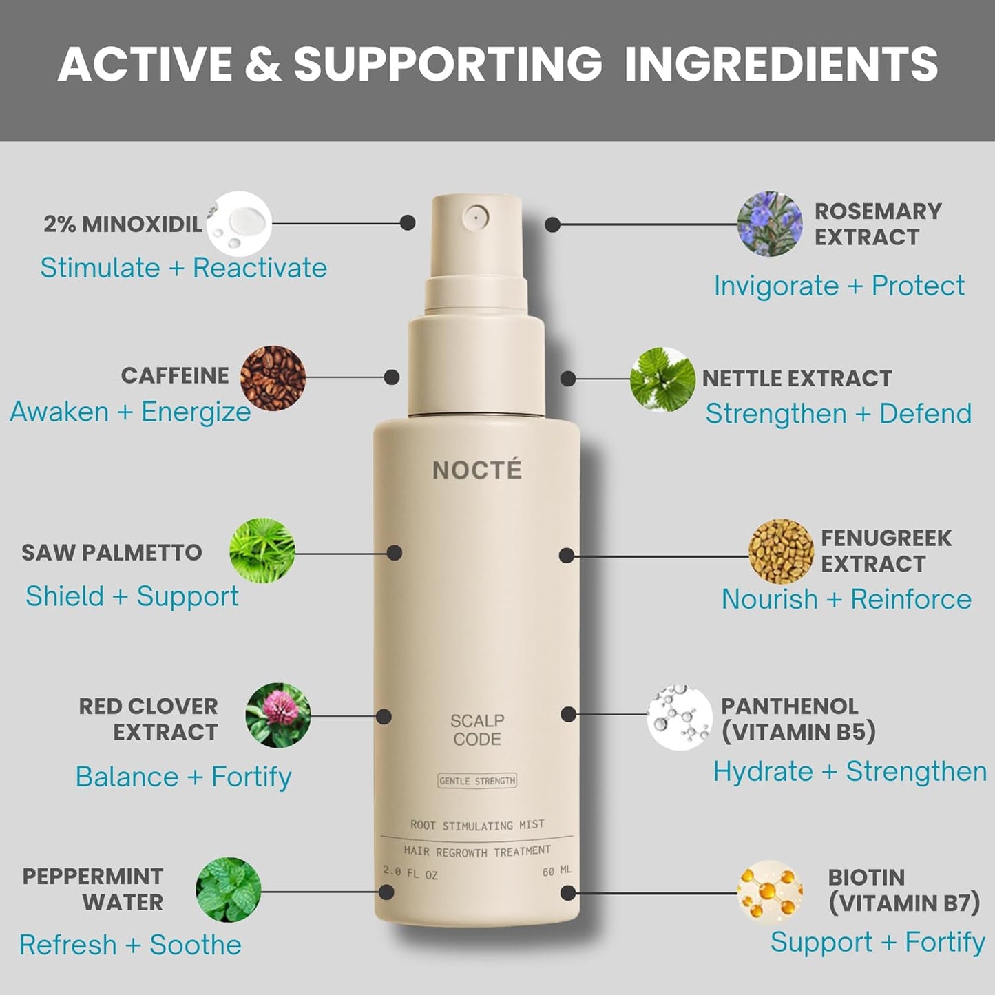 Minoxidil 5% Hair Regrowth Treatment for Men & Women – Scalp Spray Solution with Caffeine & Botanical Complex – Nocte 60ml